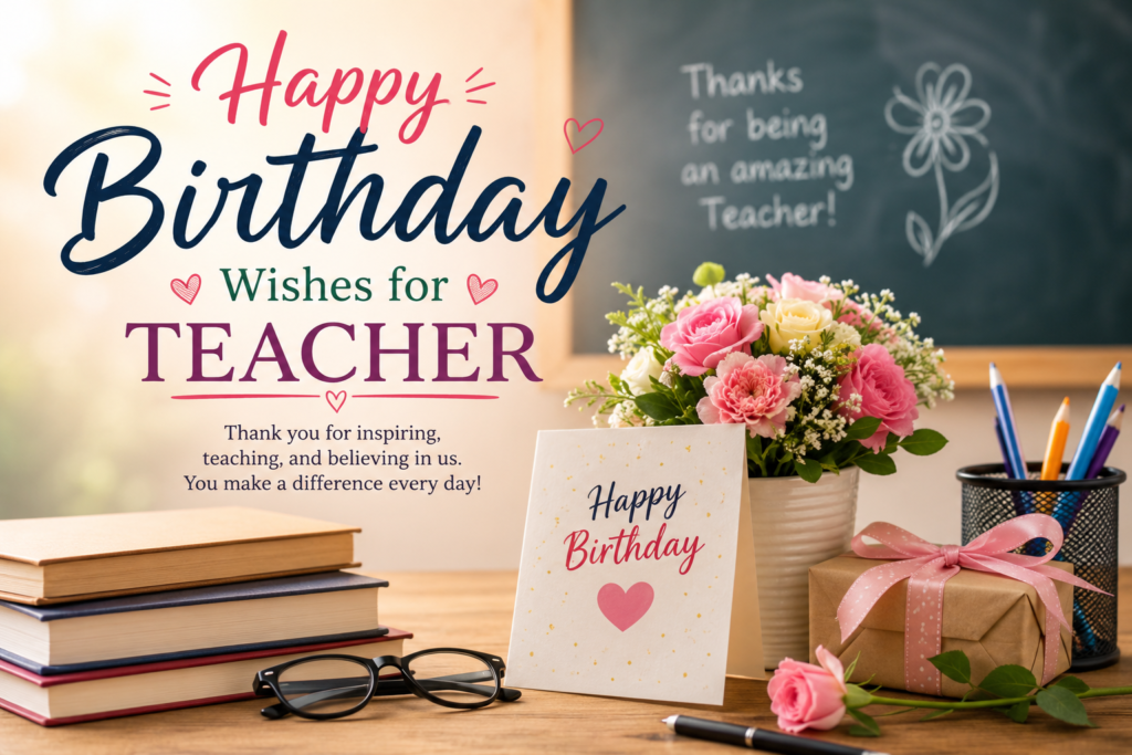 Discover 100+ happy birthday wishes for teacher, including heartfelt, inspirational, short, respectful, and Islamic birthday messages to celebrate your favorite mentor.
