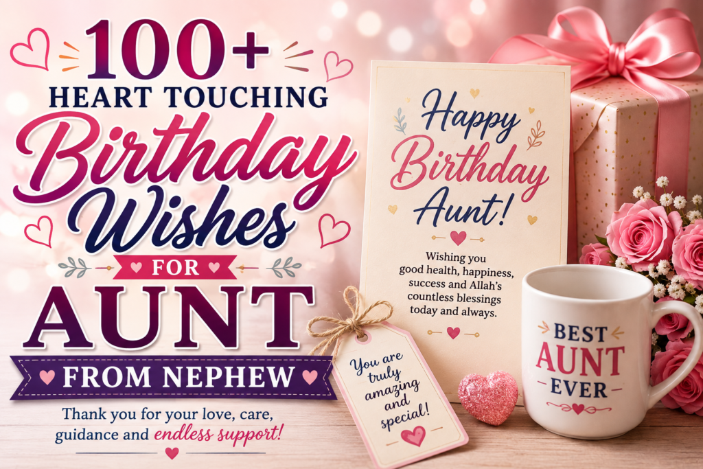 Find 100+ birthday wishes for aunt from nephew, including heartfelt, funny, inspirational, and Islamic messages.