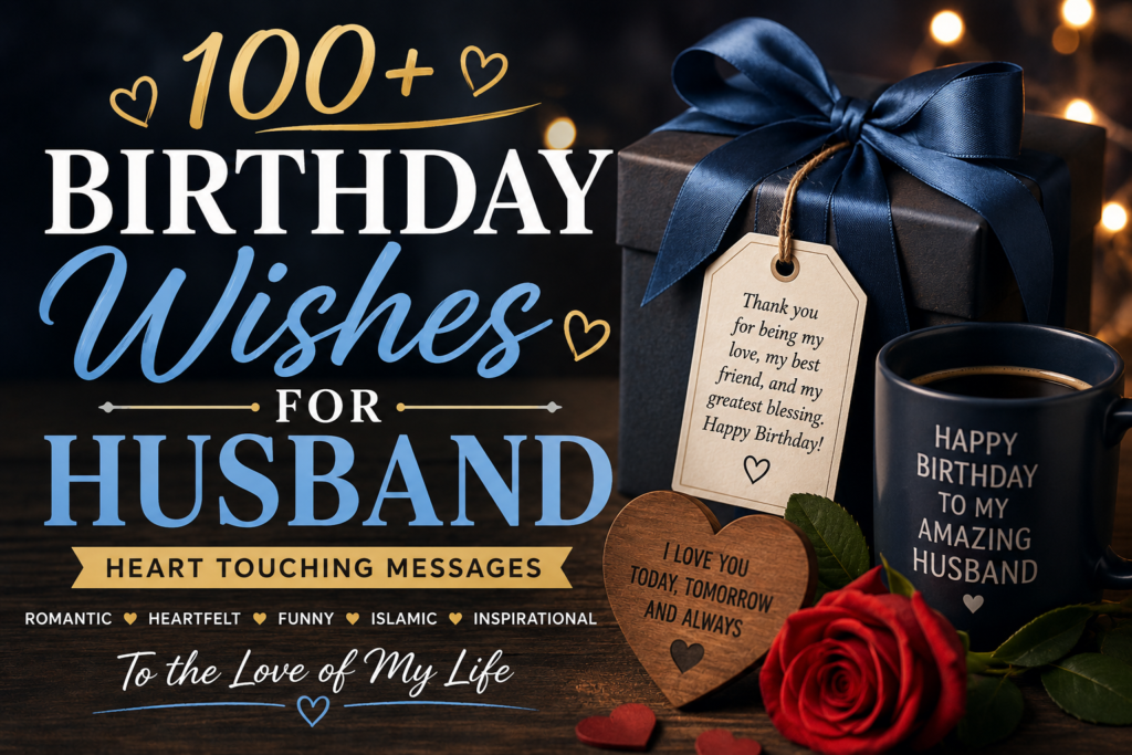 Discover 100+ birthday wishes for husband, including romantic, heartfelt, funny, and Islamic messages for his special day.