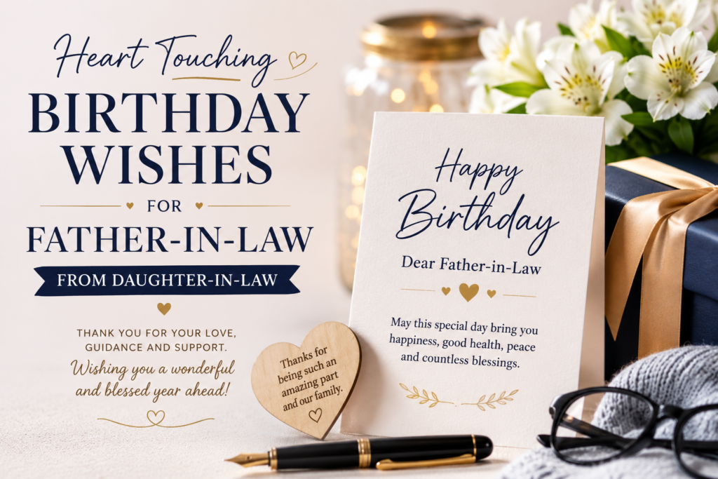 Find heartfelt birthday wishes for father-in-law from daughter-in-law, including emotional, respectful, funny, short, and Islamic messages.