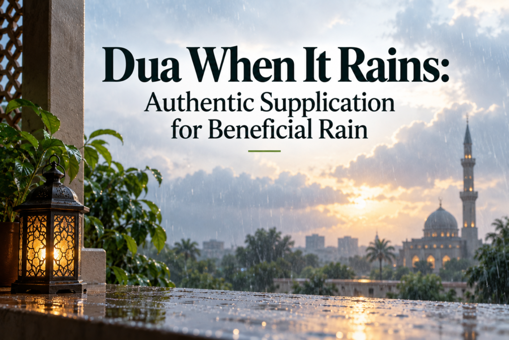 Learn the authentic dua when it rains, with Arabic, transliteration, English meaning, and the hadith reference.