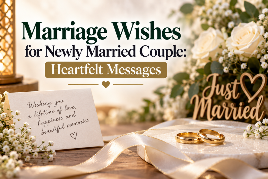 Find heartfelt marriage wishes for a newly married couple, including short, sweet, romantic, funny, and meaningful wedding messages.