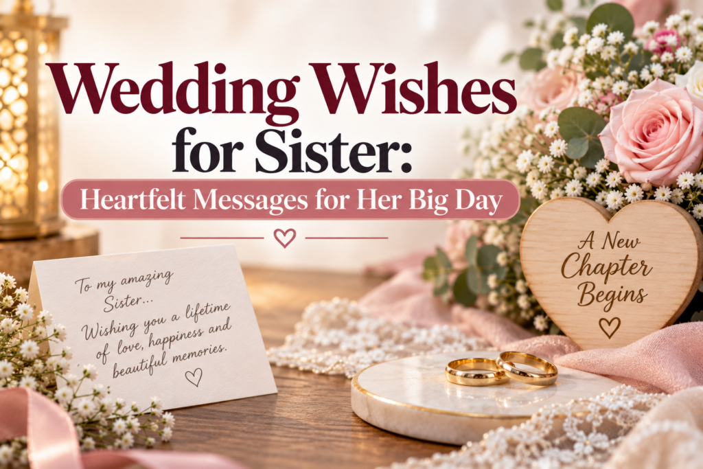 Find heartfelt wedding wishes for your sister, including emotional, short, funny, and happy married life messages for her special day.