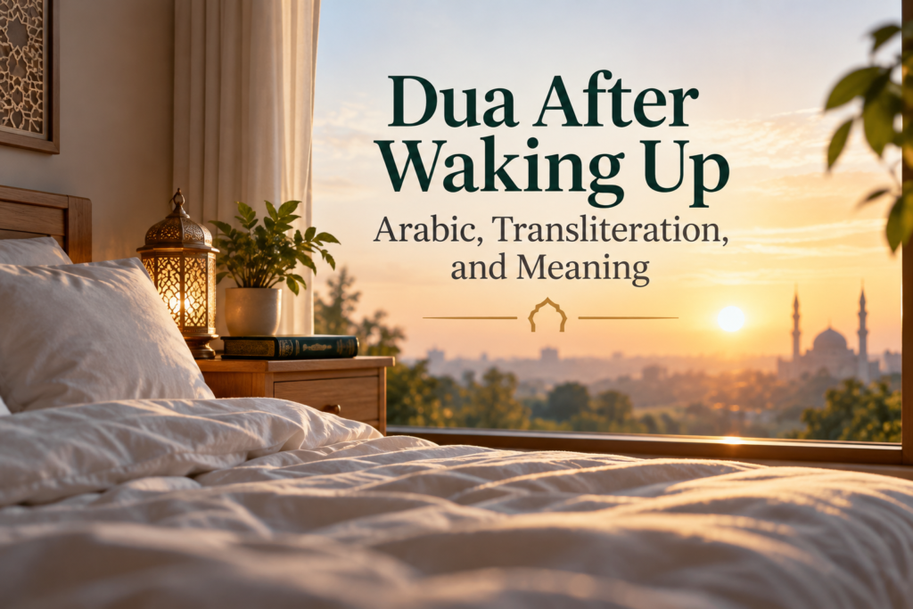 Learn the authentic dua after waking up with Arabic text, easy transliteration, English meaning, and its reference in Sahih al-Bukhari.