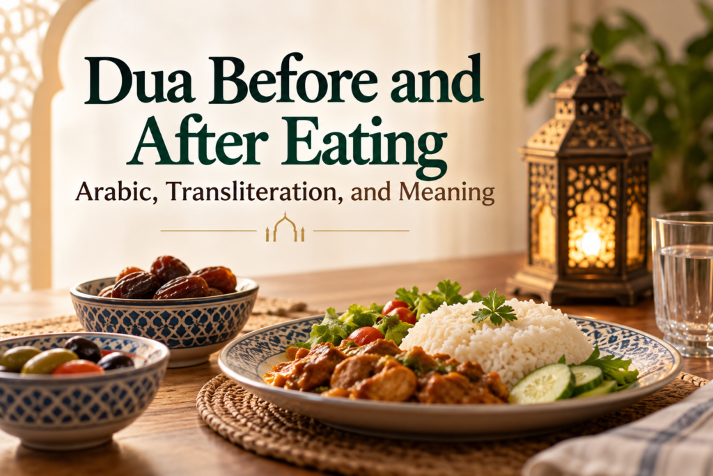 Learn the duas before and after eating with Arabic, transliteration, meanings, and hadith references, including what to say if you forget.