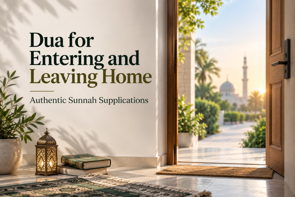 Learn the authentic dua for entering and leaving home, with Arabic, transliteration, meaning, and hadith references