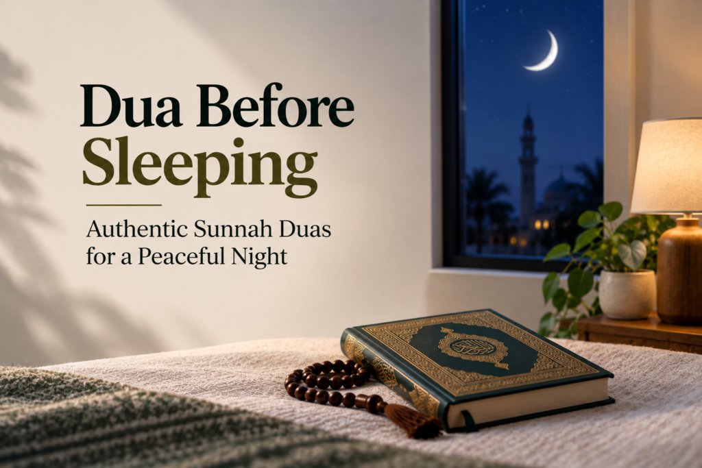Learn authentic duas before sleeping, with Arabic, transliteration, meanings, and reliable hadith references.