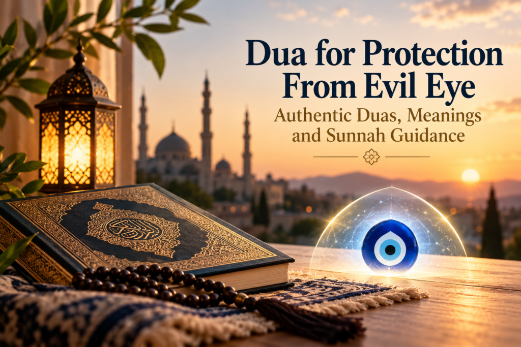 Learn the authentic dua for evil eye protection with Arabic, transliteration, meaning, Quranic surahs, and hadith references.