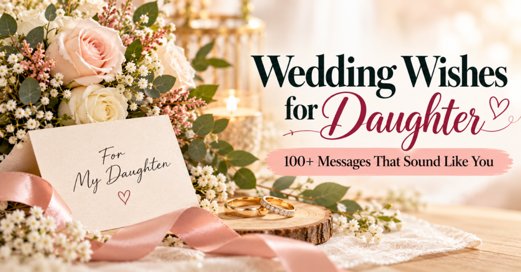Wedding wishes for daughter with wedding rings and pink roses